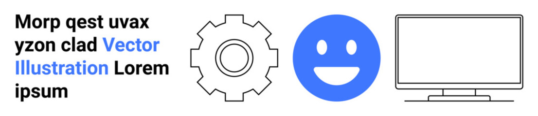 Technology, communication, digital platforms, system operations, user interfaces, and online interaction. Gear outline, happy face and computer monitor illustration. Technology and communication