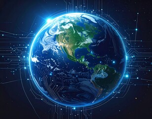Illuminated digital Earth with circuit patterns overlayed on a dark space background