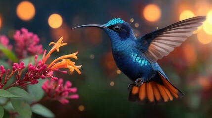 Obraz premium Vibrant hummingbird sips nectar from colorful flowers in garden