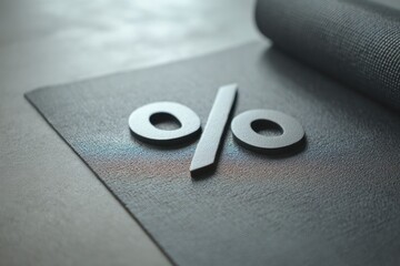 Metallic percent sign on textured gray yoga mat. Concept of wellness, fitness, discounts and financial balance in modern lifestyle.