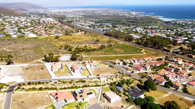 Property development along Overstrand coastline outside Hermanus, aerial view