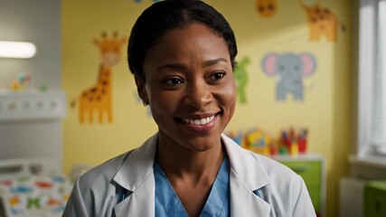 Smiling African American female doctor engages with patient in bright, child-friendly hospital room, close-up portrait of healthcare professional.