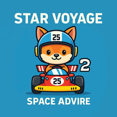 Cute Cartoon Dog Astronaut Racing in Space Car Star Voyage Adventure