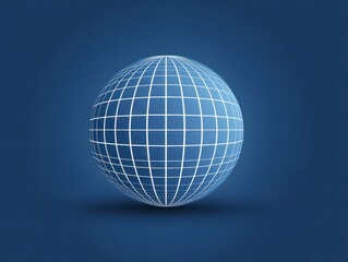 A stylized globe illustration, composed of a blue sphere with a grid of white lines. The background is a gradient of deep blue