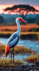 Fototapeta premium Majestic bird with vibrant orange beak and feathers standing by serene water
