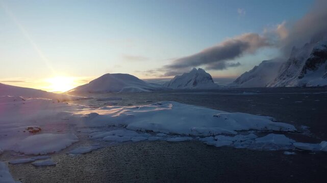 Drone view of Lemaire Strait, Antarctica, on a sunny day