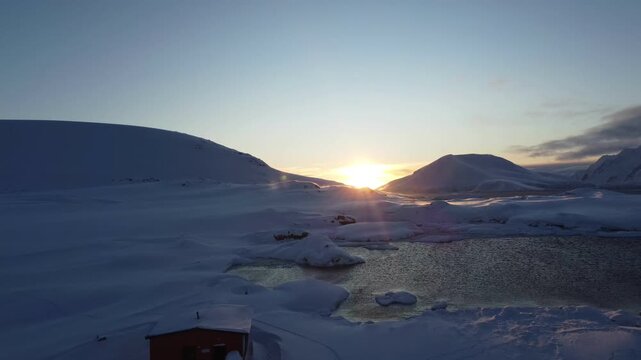 Drone view of Lemaire Strait, Antarctica, on a sunny day