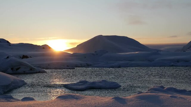 Drone view of Lemaire Strait, Antarctica, on a sunny day