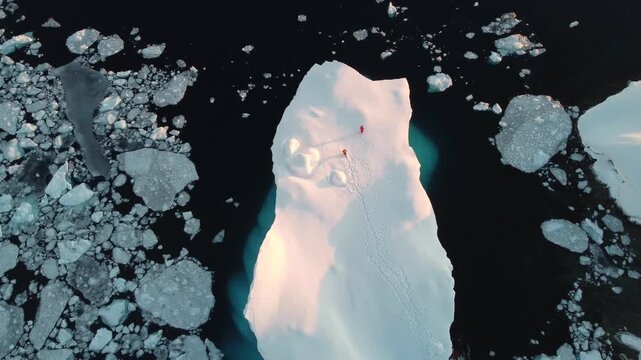 Drone view of a group of people standing on iceberg in Antarctica.