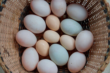 Directly above shot of eggs in woven bamboo basket