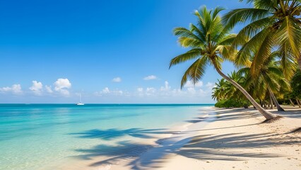 Tropical beach with palm trees and clear turquoise water under a blue sky ocean