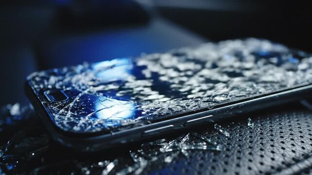 Extreme macro view of shattered smartphone screen with blue glow. Cracked glass fragments on damaged mobile phone display. Technology failure and repair concept illustration