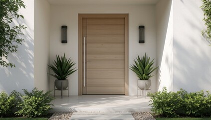 Stylish house entrance with wooden door and decorative plants