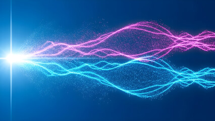 Abstract visualization of glowing pink and cyan particle waves emanating from a bright light source on a dark blue background, representing energy flow or data transmission
