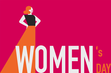 Women's Day greeting card of strong woman for 8 march on pink background with celebration text. Poster of Sisterhood and community for girls. Vector illustration