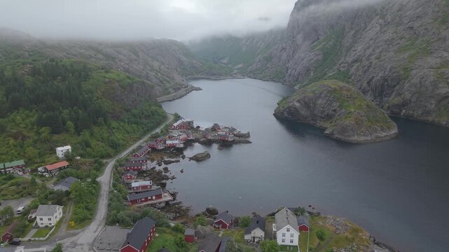 Nusfjord, Oldest And Best-Preserved Traditional Fishing Villages In The Lofoten Islands, Norway. Aerial Drone Shot