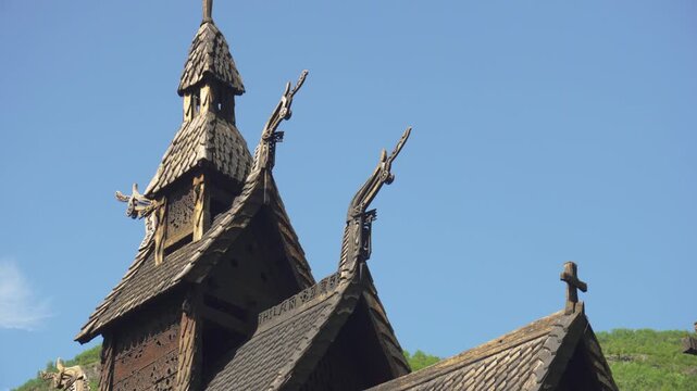 Roof Details Of A Preserved Medieval Of The Borgund Stave Church In Norway. Panning Down Shot