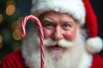 Santa Claus Close-Up Portrait with Candy Cane