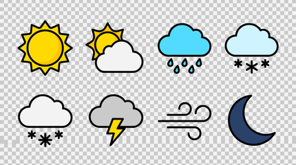 Obraz premium Weather Icons Collection: Sun, Rain, Snow, Wind, Moon
