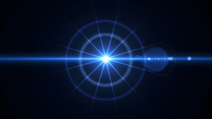 Bright blue lens flare effect on black background abstract digital light beam starburst