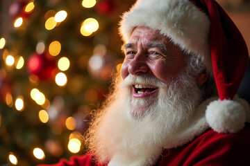 Santa Claus Portrait Laughing Joyfully with Christmas Lights