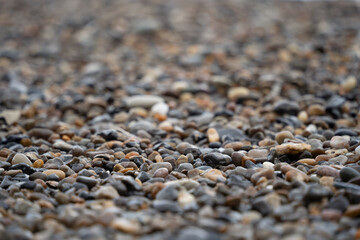 Kies- / Steintextur in Nahaufnahme &ndash; Pebbles mit geringer Tiefensch&auml;rfe als nat&uuml;rlicher Hintergrund; steinige Struktur, Naturtextur, abstraktes Muster