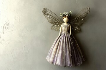 Fairy doll with delicate wings and sparkling dress on minimalistic background