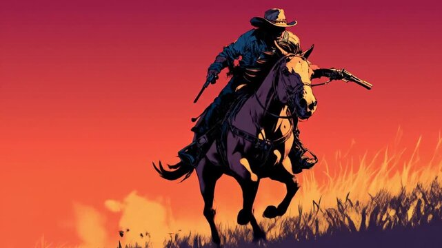 An iconic wild west adventurer, a determined cowboy on horseback, charges with intensity into a fiery sunset, dual pistols ready, embodying the relentless spirit of the frontier