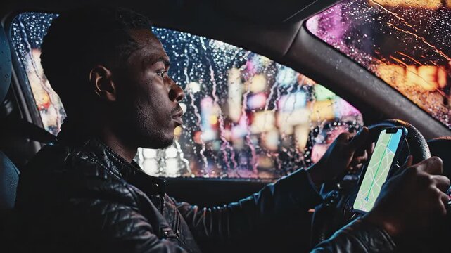 Side profile of African American man driving car in rainy night city. Using phone GPS for navigation on wet road. Urban commute and modern technology concept.