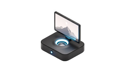 Futuristic Display Device Showing Mountain Landscape