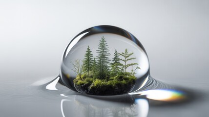 Macro shot of a perfect water droplet magnifying a miniature forest ecosystem with green moss and small pine trees inside, representing nature and conservation