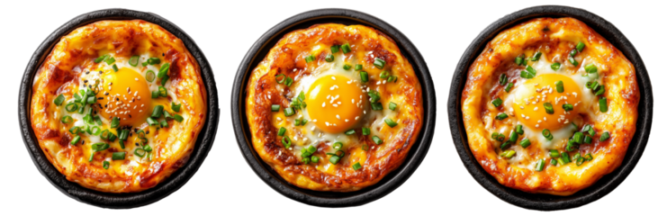 Korean Hotteok pancake with fried egg and black sesame seeds on top, isolated on white background, Asian cuisine