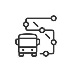 Bus with route points, linear icon. Public transport path and stop sequence. Line with editable stroke.