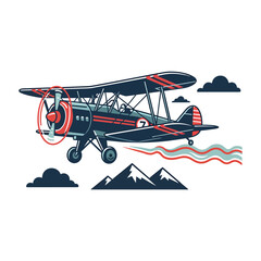 A vintage biplane propeller airplane flying above high mountain peaks vector illustration. © Vectonic Wave