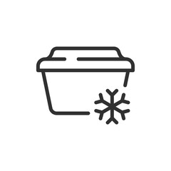 Food container with snowflake, linear icon. Chilled storage and cold meal keeping. Line with editable stroke.