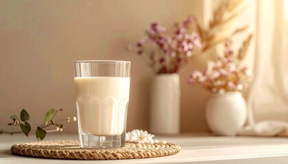 A glass of creamy, wholesome plant-based milk sits peacefully on a natural woven coaster, bathed in soft golden sunlight, creating a warm and healthy ambiance for a serene start to the day