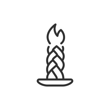 Braided candle on stand, linear icon. Havdalah. Ritual flame and ceremonial lighting. Line with editable stroke.