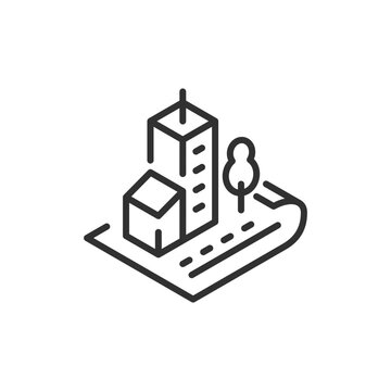 Urban block with buildings and road, linear icon. City planning and architectural layout. Line with editable stroke.