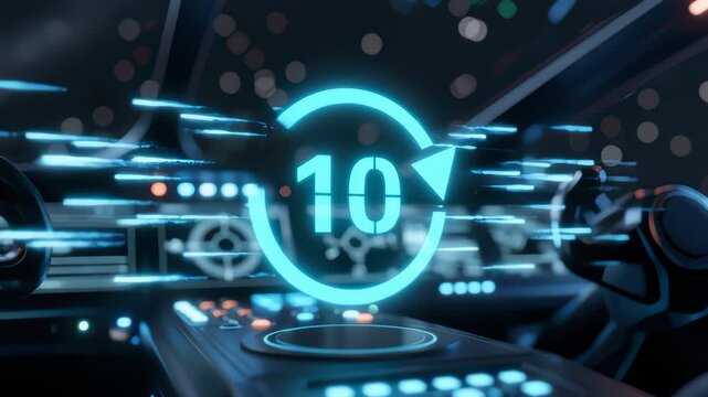 Countdown Numbers Displayed on Futuristic Spaceship Dashboard Screen