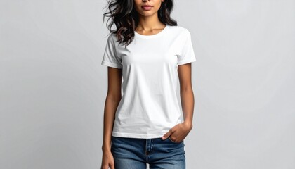 A beautiful young woman wearing a plain white t-shirt and denim jeans, standing with one hand in her pocket against a neutral background