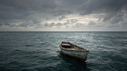 Naklejka premium Old Boat on a Calm Sea Under Stormy Sky