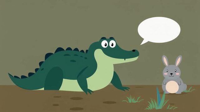 Friendly Green Crocodile Talking With Cute Gray Rabbit In A Greenish Brown Field With A Speech Bubble Above The Crocodile