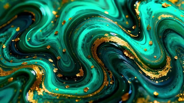 Abstract fluid art background texture deep emerald green teal waves swirling with shimmering gold metallic flakes luxurious marbled surface design wallpaper backdrop luxury aesthetic