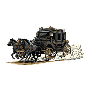 Old western stagecoach carriage pulled by team of black horses vector illustration