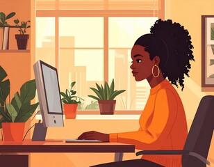 Young woman working on a computer in a home office with plants and city view