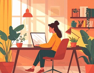 Focused Young Woman Engaged in Productive Remote Work from Her Bright and Serene Home Office, Leveraging Technology for a Flexible and Balanced Professional Lifestyle in a Cozy Environment