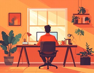 A man works from home at his desk, illuminated by warm sunlight streaming through a window