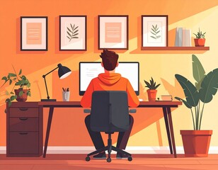 Vibrant Home Office Scene with a Person Focused on Computer Work, Showcasing a Productive and Comforting Remote Workspace Environment
