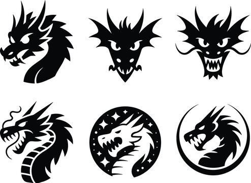 Set of powerful black dragon head silhouette logos in various mythical styles including circular emblems and celestial star backgrounds for gaming and fantasy branding vector