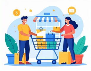Happy couple enjoying a shopping spree, pushing a cart filled with bags and purchases, with a storefront and plants in the background, illustrating retail therapy and consumerism